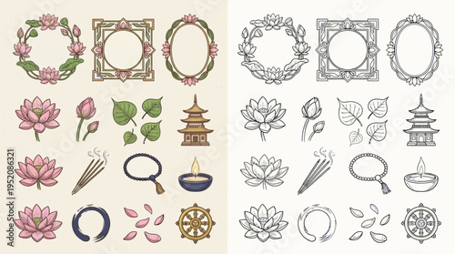 Collection of Buddhist and Zen-inspired graphic elements including lotus flowers, incense, prayer beads, and pagodas.
