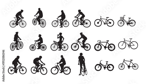 A collection of black silhouettes of people riding bicycles in various poses and styles.