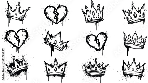 Grunge crown and broken heart graffiti collection with street art spray paint vector illustration set