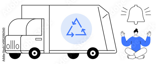Recycling efforts, mindfulness, waste management, environmental awareness, sustainability, alerts. Truck with recycling symbol, bell icon and meditating figure. Recycling and mindfulness concepts