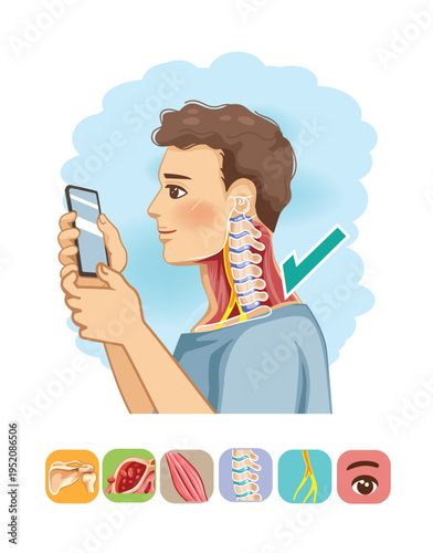 Correct Smartphone Posture and Healthy Cervical Spine Illustration