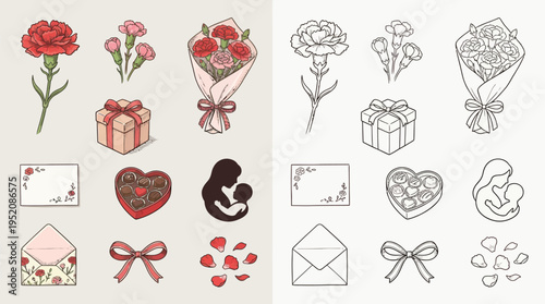Collection of Mother's Day gift icons, including carnations, gift boxes, chocolates, envelopes, and mother-child silhouettes, presented in both color and line art.