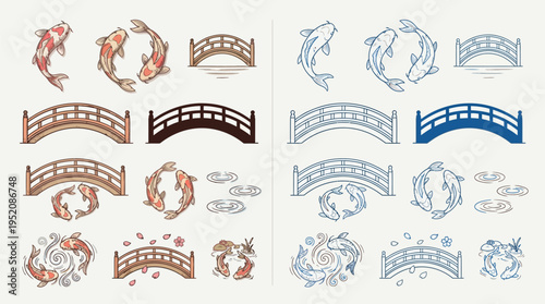 Collection of Japanese Koi fish and traditional arched bridges, presented in both colorful and line art styles, evoking a serene and artistic aesthetic.