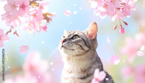 花びらを見上げる猫・春の光が広がるドリーミーで愛らしいポートレート