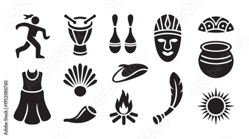 African culture and tribe traditional icons with person, drum, mask, pot, and bonfire