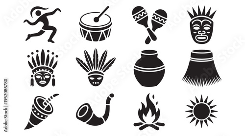 African culture and tribe traditional icons with person, drum, mask, pot, and bonfire