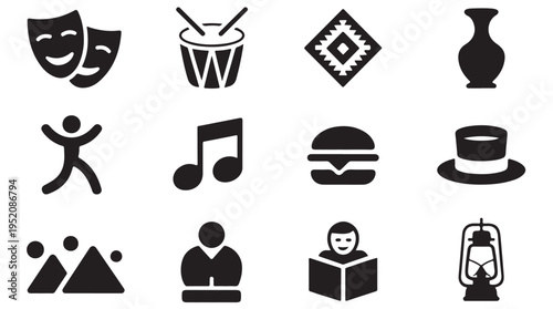 Set of black icons representing various cultural elements and activities on white background