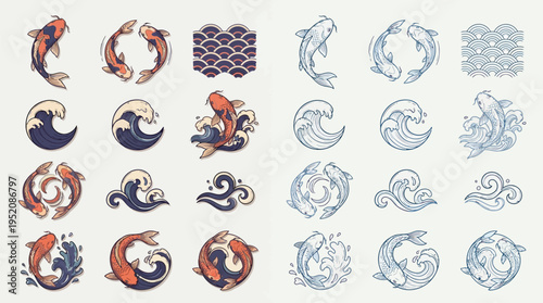 A collection of Japanese koi fish and wave illustrations in various artistic styles and color palettes.