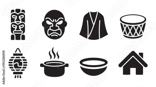 Asian culture glyph icons set. tiki totem, kabuki mask, kimono, taiko drum. paper lantern, hot pot