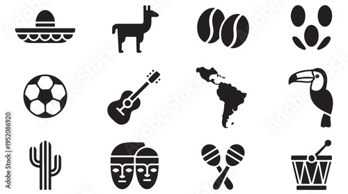 South american culture glyph icons set. sombrero, llama, coffee beans, soccer, guitar, map, toucan