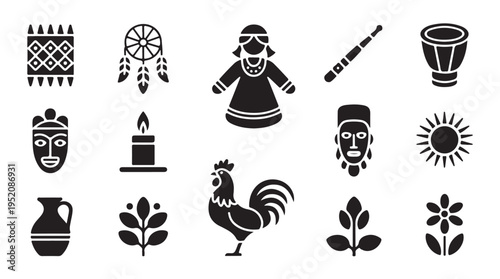 African tribal symbols and artifacts including masks, drums, and dreamcatcher