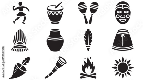 Native American cultural icons with headdress, pottery, feather, and sun symbol