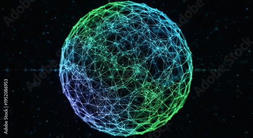 Abstract glowing sphere of interconnected nodes, vibrant blue and green, symbolizing futuristic global digital networks, artificial intelligence, and complex data structures