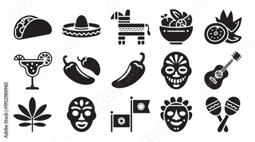 Mexican fiesta icons with taco, sombrero, piñata, and margarita cocktail