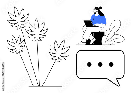 Communication concept. Communication tools and remote work through a laptop, chat symbol, and person sitting outdoors. Communication for collaboration, tech, and digital engagement. For business