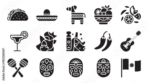 Mexican cultural symbols icon set including taco sombrero pinata chili peppers and maracas
