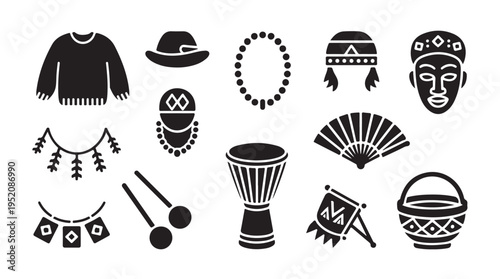 Traditional african craft and music instrument icons set for ethnic themed graphic designs