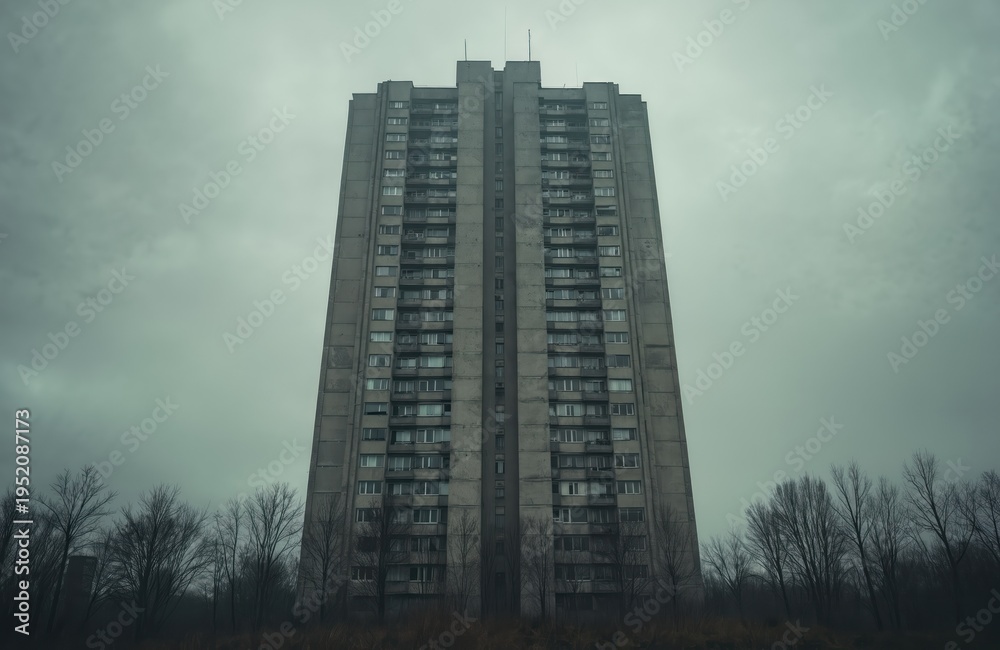 Fototapeta premium Tall concrete apartment building facade looms under grey overcast sky. Bare trees stand before old Soviet style residential block. Urban architecture detail.
