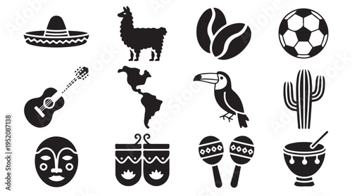 Black glyph icons of latin american culture and symbols vector illustration on white