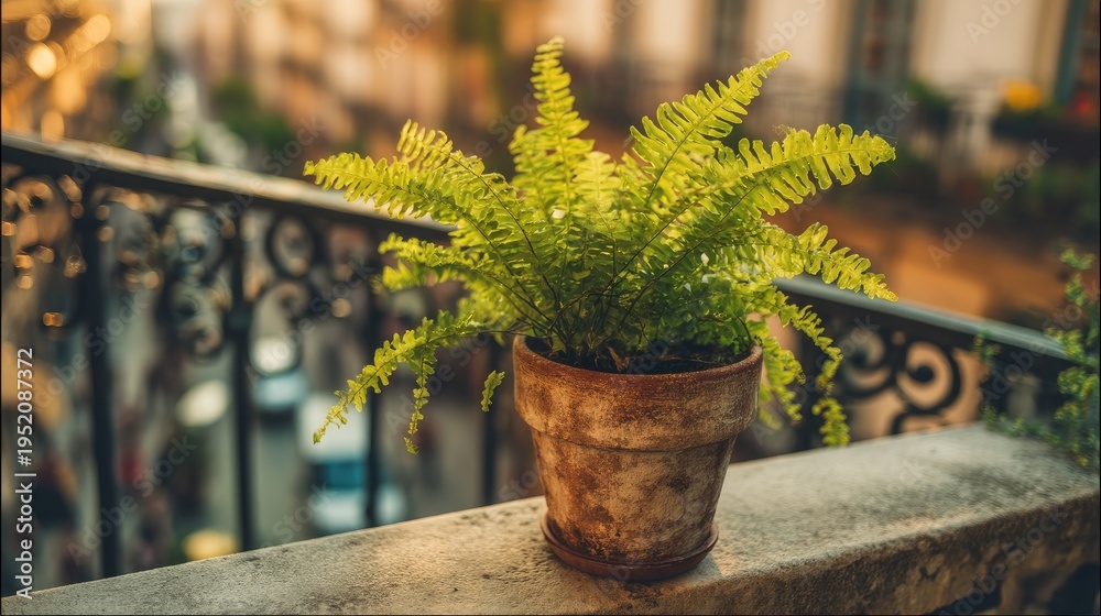 Obraz premium Vibrant fern plant in rustic pot on balcony ledge overlooking a charming urban street during sunset, showcasing nature's beauty and tranquility
