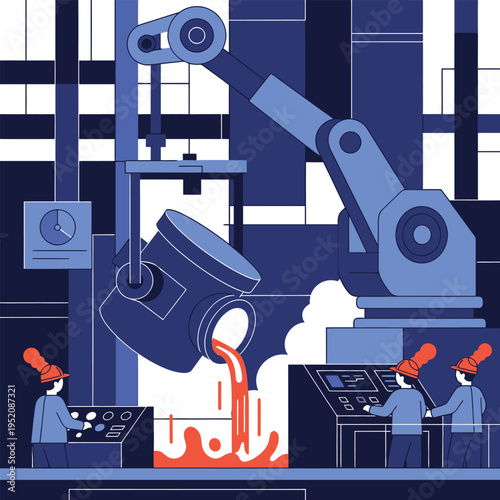 Automated Industrial Foundry with Robotic Arm and Workers.