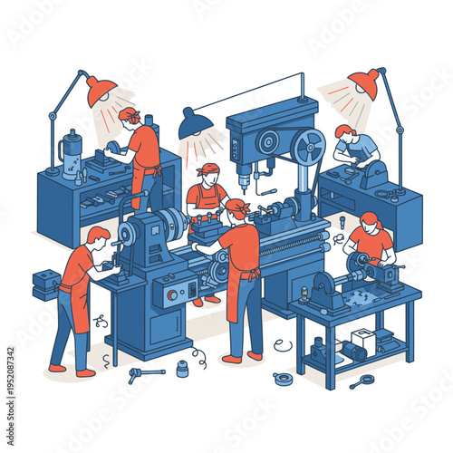 Industrial workshop scene depicting skilled artisans meticulously working with various machinery and tools, highlighting manufacturing and craftsmanship