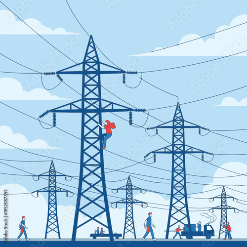 Workers perform essential maintenance on a high-voltage power line tower, ensuring reliable electricity supply for communities