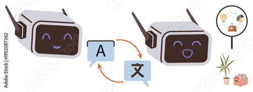 Artificial intelligence, language translation, communication tools, technology, automation, multilingual support. Two robotic faces exchanging language symbols. AI and language translation