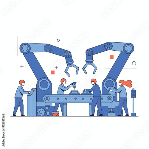 Automated Factory Assembly Line with Robotic Arms and Workers.