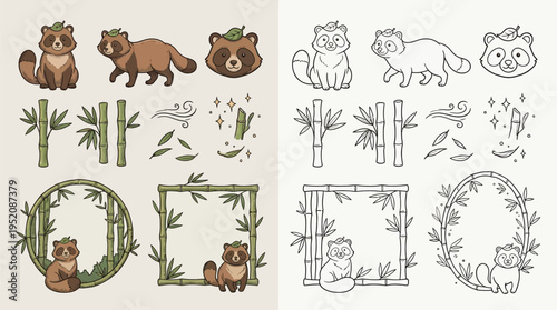 Cute Raccoon Dog Illustrations with Bamboo Elements and Decorative Frames.