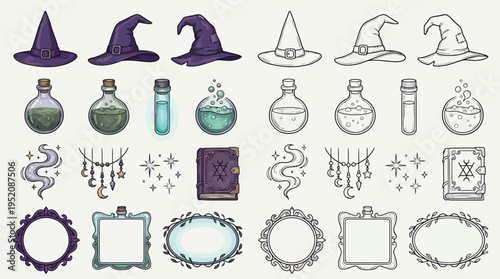 A collection of colorful and black and white witchy elements including hats, potions, spellbooks, and ornate frames, perfect for Halloween or fantasy themes.