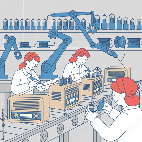 Automated Assembly Line Producing Vintage Radios with Robotic Arms and Human Workers