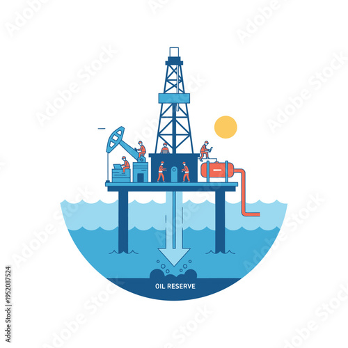 Offshore oil rig platform extracting resources from the sea.