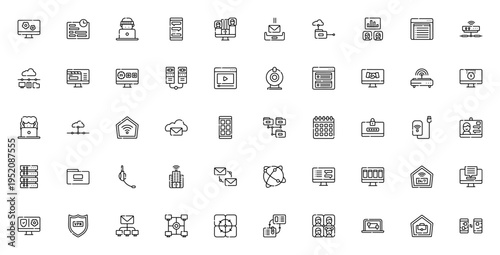 Telecommuting icon set. Vector illustration for remote work, online meeting, cloud computing, network, VPN, team collaboration, calendar, and more. Editable stroke.