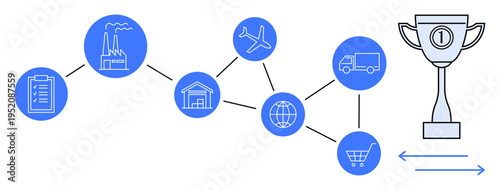 Supply chain process. Supply chain illustrated through key steps including manufacturing, warehousing, logistics, and delivery. Supply chain efficiency, business operations, and trade. Suitable