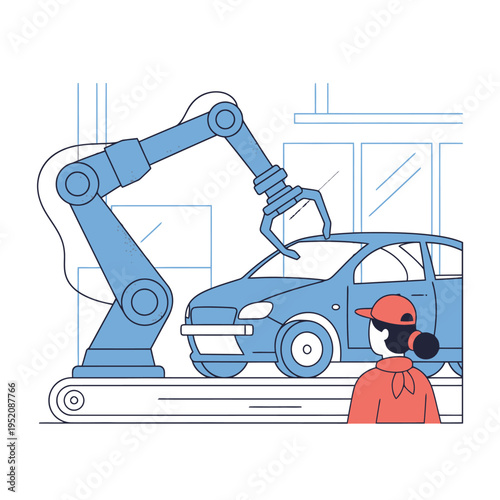 Automotive assembly line robot working on car production.