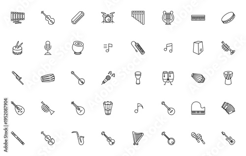 Music Instruments icon set. Vector illustration pack featuring xylophone, violin, harmonica, drums, piano, guitar, saxophone and more. Editable stroke.