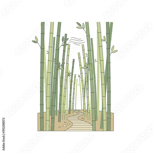 A tranquil path winds through a serene bamboo forest, with gentle breezes rustling the leaves and sunlight dappling the way forward