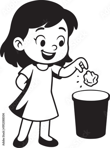 A cute cartoon girl throwing a piece of crumpled paper into a trash can for a clean environment