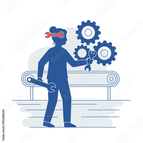 Concept illustration of a person with gears and tools symbolizing innovation and problem-solving