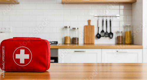 First aid kit on kitchen table symbolizing home safety