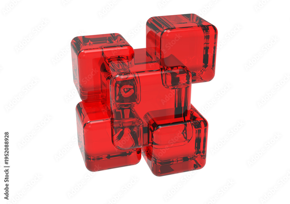 Naklejka premium Abstract Ruby Red Glass Cube Assembly with Internal Refractions and Complex Caustics on Black Background