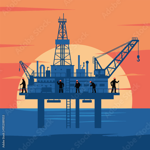 Offshore Oil Rig Platform Workers at Sunset.