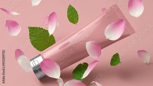 A cosmetic cream tube surrounded by falling flower petals and green leaves