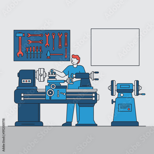 Skilled craftsman operating a lathe in a well-equipped workshop, showcasing precision engineering and mechanical expertise