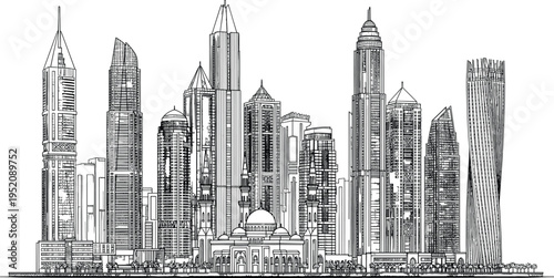 Detailed Dubai marina skyline with skyscrapers and mosque architecture for United Arab Emirates urban city vector illustration.