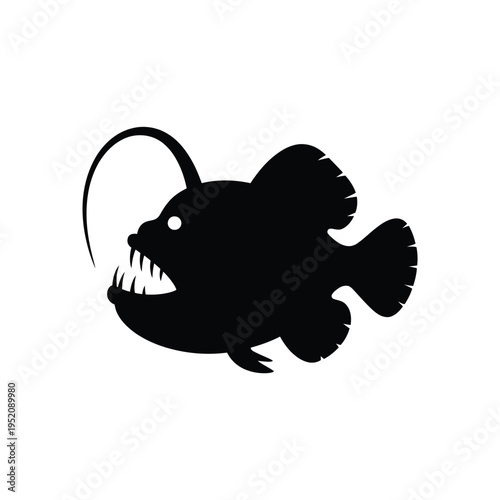 A striking black silhouette of an anglerfish with a glowing lure