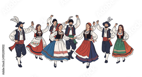 Group of people in traditional folk dance costumes performing with raised arms in a lively formation against a plain white background.