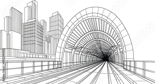 Modern city metro station with subway tunnel and urban skyscrapers architecture for public transportation travel vector illustration.