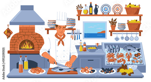 Illustration of a chef preparing seafood dishes in a kitchen with a brick oven and various cooking utensils and ingredients on shelves.